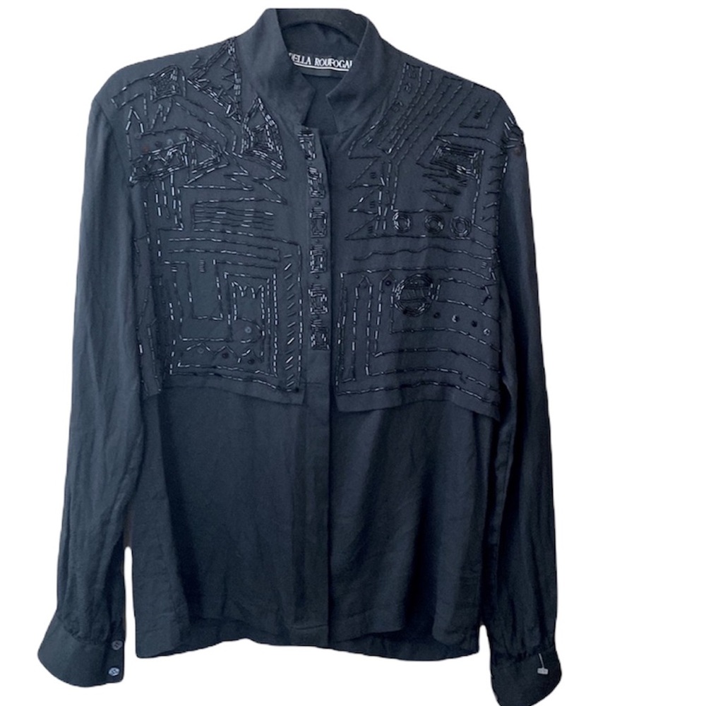 Della Roufogali Vintage Silk Beaded Top Black Size 8 Long Sleeve